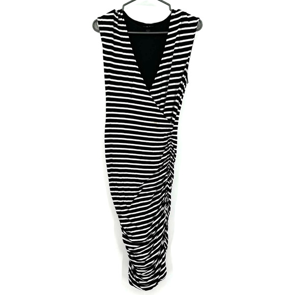 Mossimo size small black white striped fitted v neck dress midi ruched - Picture 1 of 6